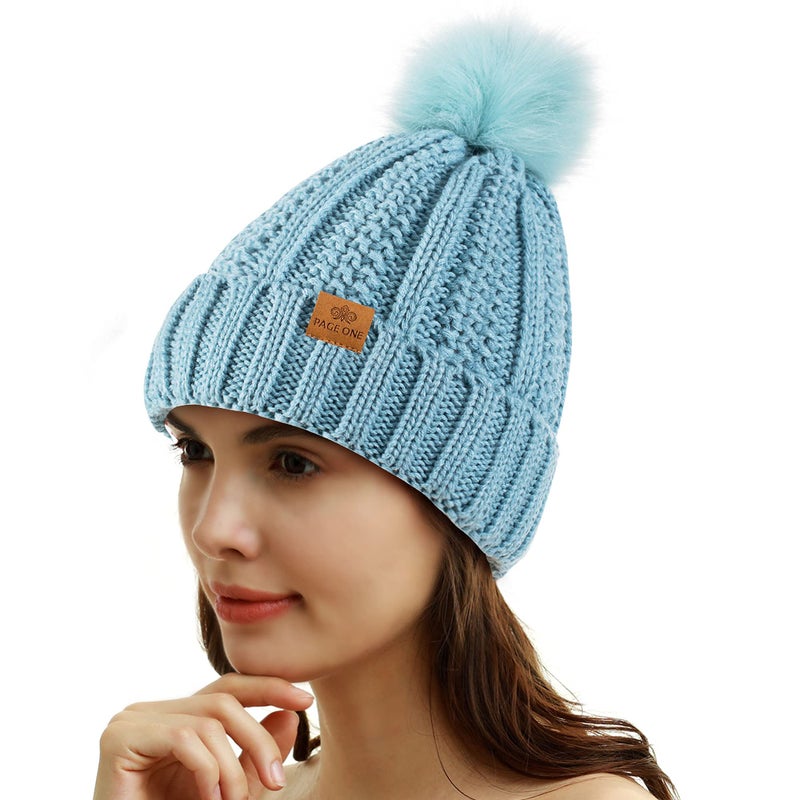 PAGE ONE Womens Winter Thick Cable Knit Beanie Faux Fur Pom Hat Fleece Lined Skull Cap Sky Blue - Image 2